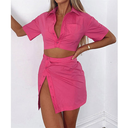 Spring Summer Two Piece Set Sexy Collared High Waist Short Sleeve Shirt Outfit - Wanita Store