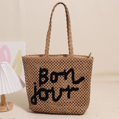 Letter Graphic Embroidery Woven Bag All Match Shoulder Hollow Out Cutout Straw Bag Vacation Beach Bag Women Bag - Wanita Store
