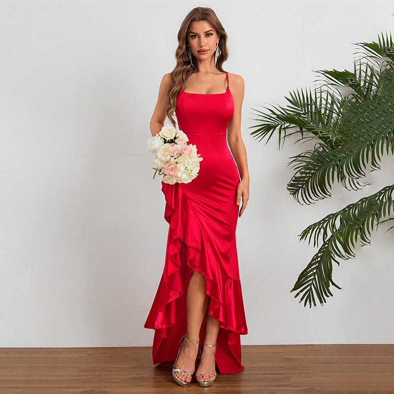 Vestido de mujer sexy con tirantes, volantes y abertura, para otoño