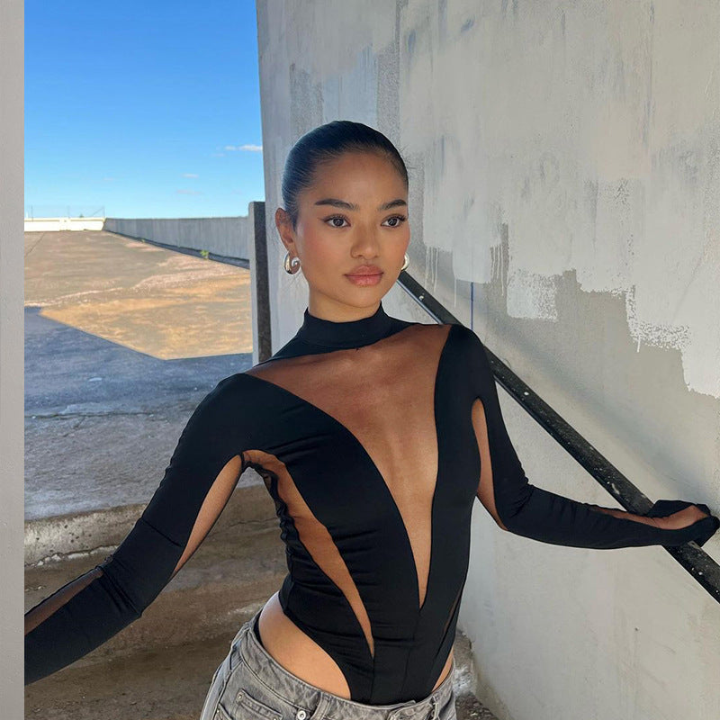 Summer Women Clothing Sexy Casual Mesh Stitching High Waist Long Sleeves Tight Jumpsuit