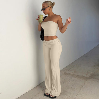 Women Clothing Autumn Solid Color Tube Top Top Flared Pants Slim Fit Suit Women - Wanita Store