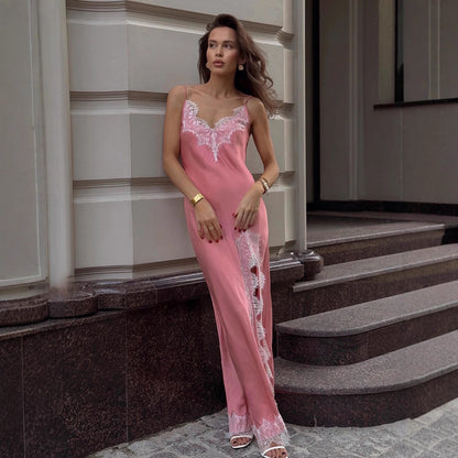 Lace Spaghetti Strap Maxi Dress Summer Artificial Silk Sexy Slit Stitching Lace Dress Women - Wanita Store