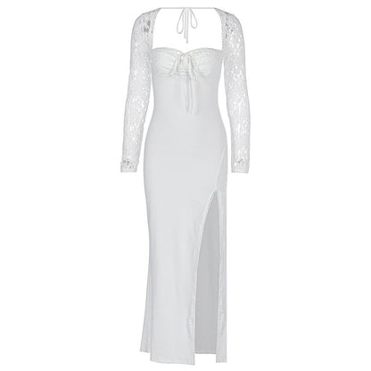 Autumn Women Wear Low Cut Self Tie Lace Slim Fit Slit Sexy Dress - Wanita Store