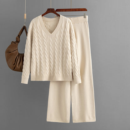 Fashionable Wide Leg Pants Sweaters Women Clothing Autumn Winter Two Piece Suit Women Twist V neck Knitting Suit - Wanita Store