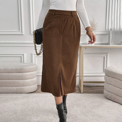 Retro Corduroy Skirt Autumn Winter Elegant Office Split Skirt Women - Wanita Store