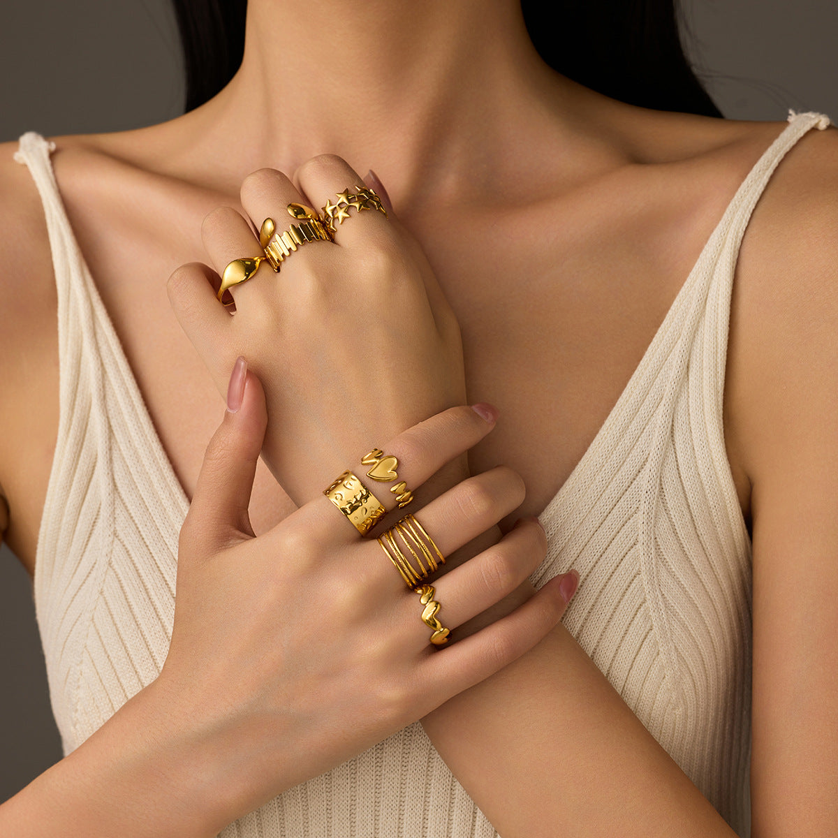 Cold 18K Gold Geometric Abstract Irregular Asymmetric Titanium Steel Ring Open Stainless Steel Ring Accessories - Wanita Store