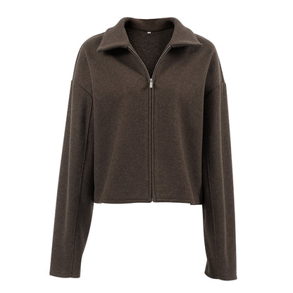 Autumn Winter Polo Collar Long Sleeve Zipper Woolen Coat Loose Casual Women Jacket - Wanita Store