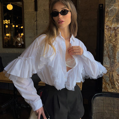 French Design Ruffled White Shirt Women Autumn Polo Collar Long Sleeve Office All Match Top
