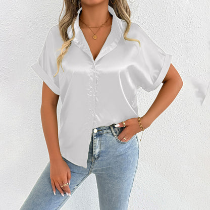 Women Clothes Summer Blue Color Satin Shirt Women Satin Shirt - Wanita Store