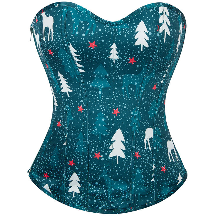 Year Christmas Series Clothing Snowflake Elk Side Zipper Women Body Shaping Top Dark Green Corset