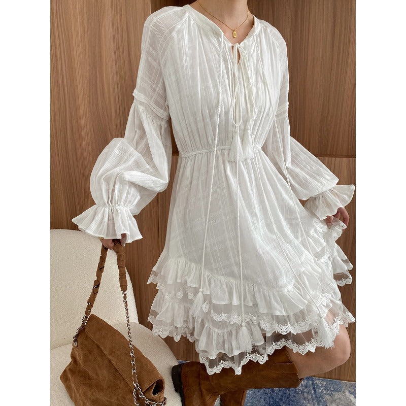 Early Spring Holiday Lace up Cinched Patchwork Irregular Asymmetric Layering Dress