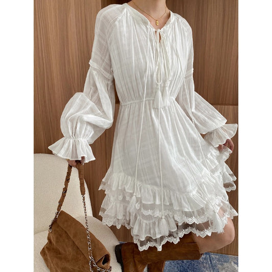 Early Spring Holiday Lace up Cinched Patchwork Irregular Asymmetric Layering Dress