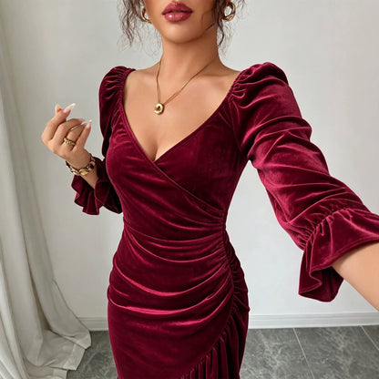 Robe femme en velours à col en V, automne hiver, amincissante, asymétrique, coupe sirène, mi-longue et moulante.