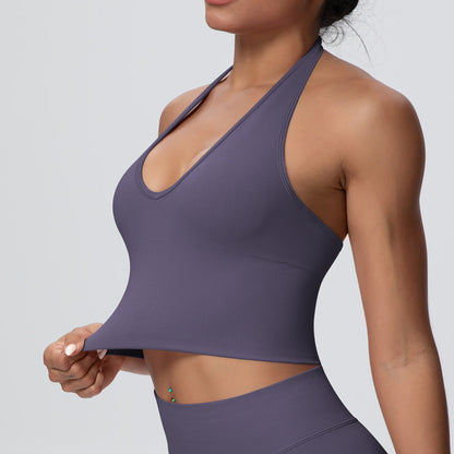 Solid Color Sports Back Shaping High Strength Poly Vest Breathable Waist Trimming Knitted Halter Bra Fitness Clothes Yoga Clothes - Wanita Store
