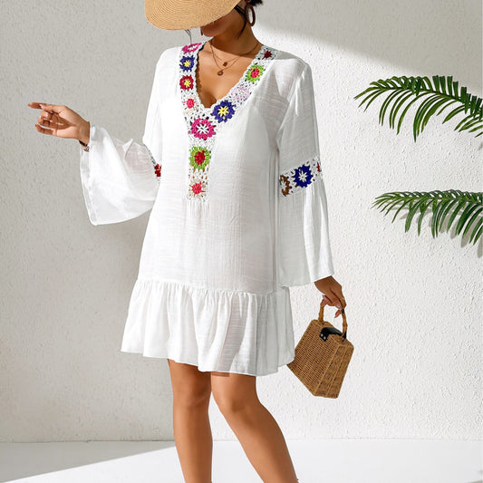 Ladies National Holiday Beach Dress Women Ruffled Stitching Random Mixed Color Crochet V neck Dress
