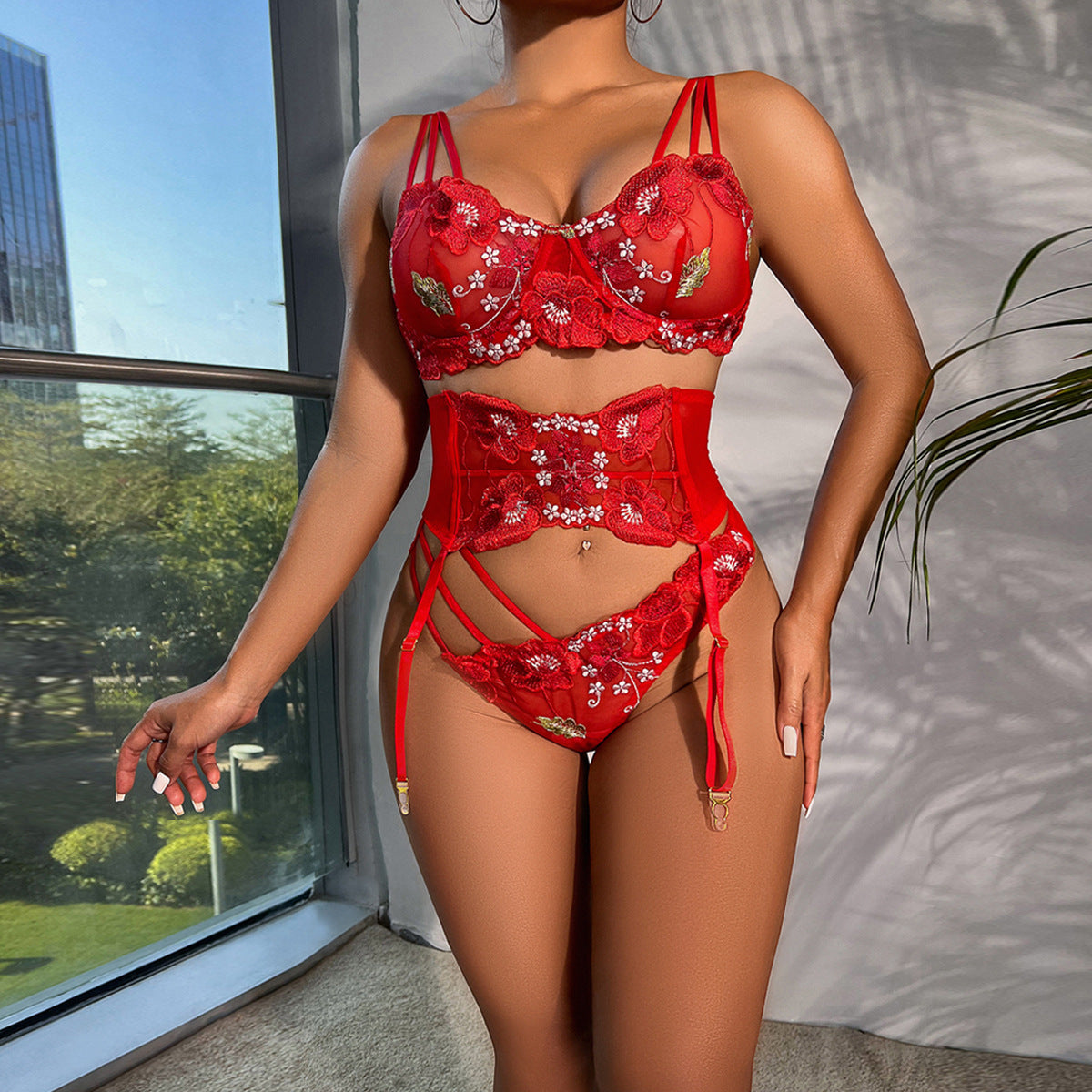 Sexy Three-Piece Set Red Embroidery Girl Three-Piece Set with Steel Ring