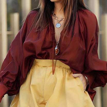 Autumn Ladies Loose Solid Color V neck Long Sleeve Casual Top - Wanita Store