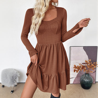 Autumn Elegant Retro Waist Trimming Knitted Solid Color Square Collar A line Dress - Wanita Store