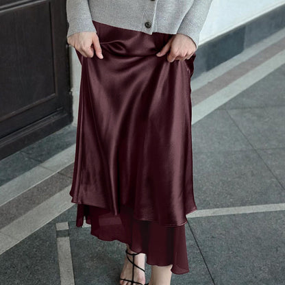 Women Clothing Satin Skirt Women Spring Summer Patchwork Mesh Double Layer Design Sheath - Wanita Store