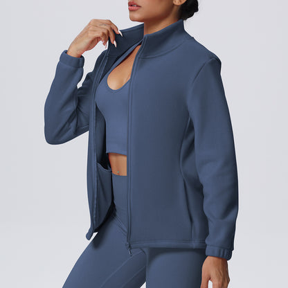 High Collar Warm Fleece Lined Zipped Sports Coat Loose Yoga Clothes Casual All Matching Women - Wanita Store
