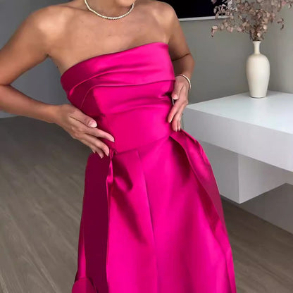 Stitching round Satin Sexy Tube Top High Waist Dress Evening Dress - Wanita Store