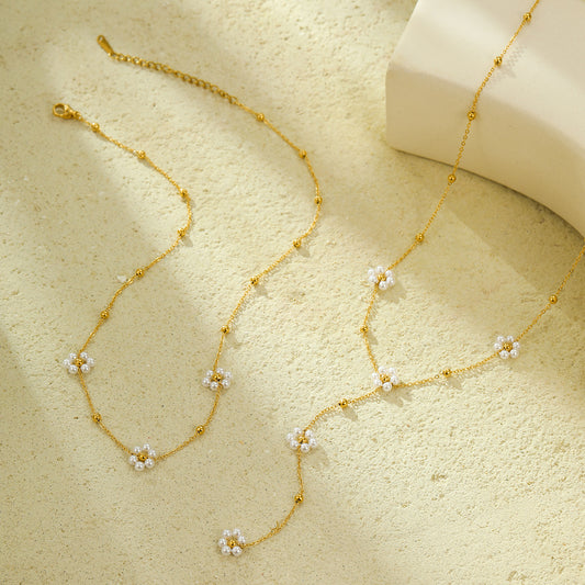 Stainless Steel Long Necklace Pearl Floral Tassel Necklace Clavicle Chain Non Fading Jewelry Accessories - Wanita Store