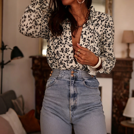 Black White Floral Tops Women French V neck Puff Sleeve Loose Printed Sexy Clothing