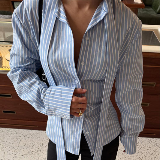 Camisa de mujer a rayas con cuello para mujer, camisa top con cordones, cárdigan de manga larga con control de cintura