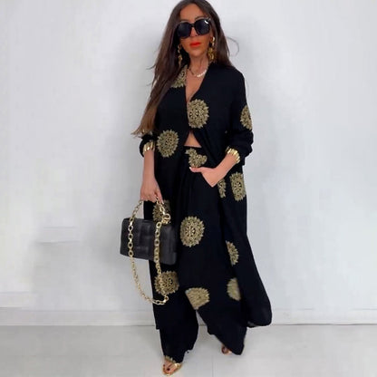 Summer Elegant Sexy V neck Top Printed Wide Leg Pants Two Piece Set - Wanita Store