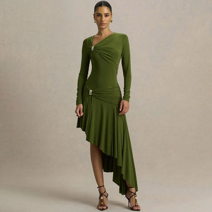 Robe longue asymétrique plissée élégante et sexy pour femme - Collection Automne/Hiver