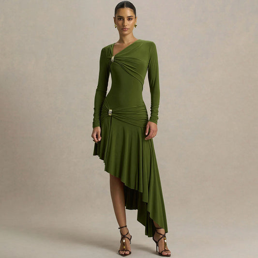 Autumn Winter Graceful Fashionable Women Slim Dress Sexy Pleated Irregular Asymmetric Maxi Dress