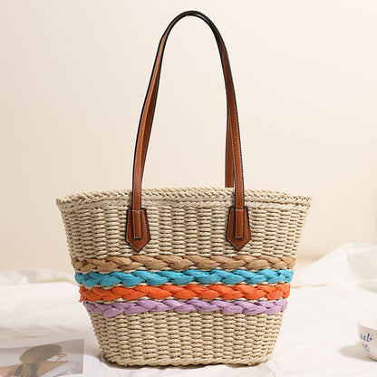 Bohemian One Shoulder Straw Bag Rainbow Stripes Straw Bag Woven Bag Vacation Beach Bag Women Bag - Wanita Store