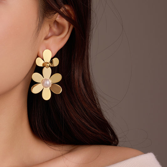 Retro Easy Matching Stainless Steel Color Matching Petal Fringe Pearl Exquisite Elegant Titanium Steel Ear Studs Earrings for Women - Wanita Store