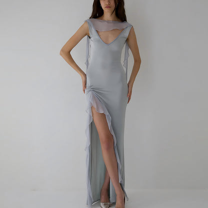 Summer Elegant Ribbon Women Dress Sexy Backless High Slit Ruffled Slim Dress - Wanita Store