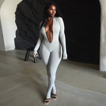 Fall Women Clothing Sexy Backless Deep V Plunge Long Sleeve Solid Color Tight Jumpsuit - Wanita Store