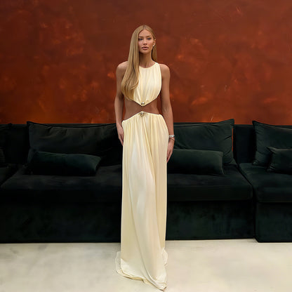 Fall Women Clothing Sexy Waist Hollow Out Cutout out Maxi Dress round Neck Sleeveless Solid Color Dress - Wanita Store