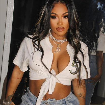 Spring Women Clothing Fashion Letter Graphic Embroidery Sexy Crop Top Tight Fitting Street Shooting Lace up Cardigan Top - Wanita Store