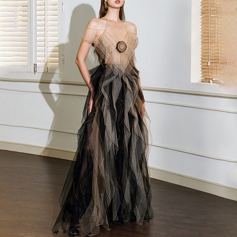 Graceful Formal Dress Fall Sexy Cold Shoulder Mesh Floral Stitching Contrasting Color Dress Women