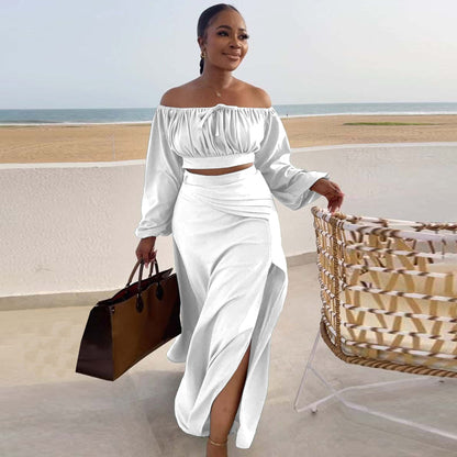 Sexy Chest Wrapped Large Skirt Lantern Sleeve Suit Two Piece Set - Wanita Store