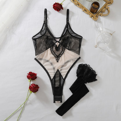 Water Soluble Floral Decoration Love Sheer Mesh Body Shaping Sleeveless Jumpsuit with Lace Mesh Stockings