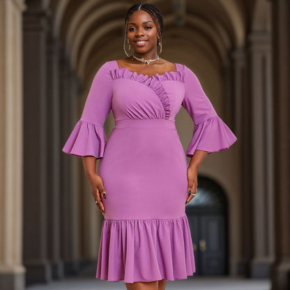 Purple Square Collar Flared Fishtail with Wooden Ears Elegant V Back Dresses - Wanita Store