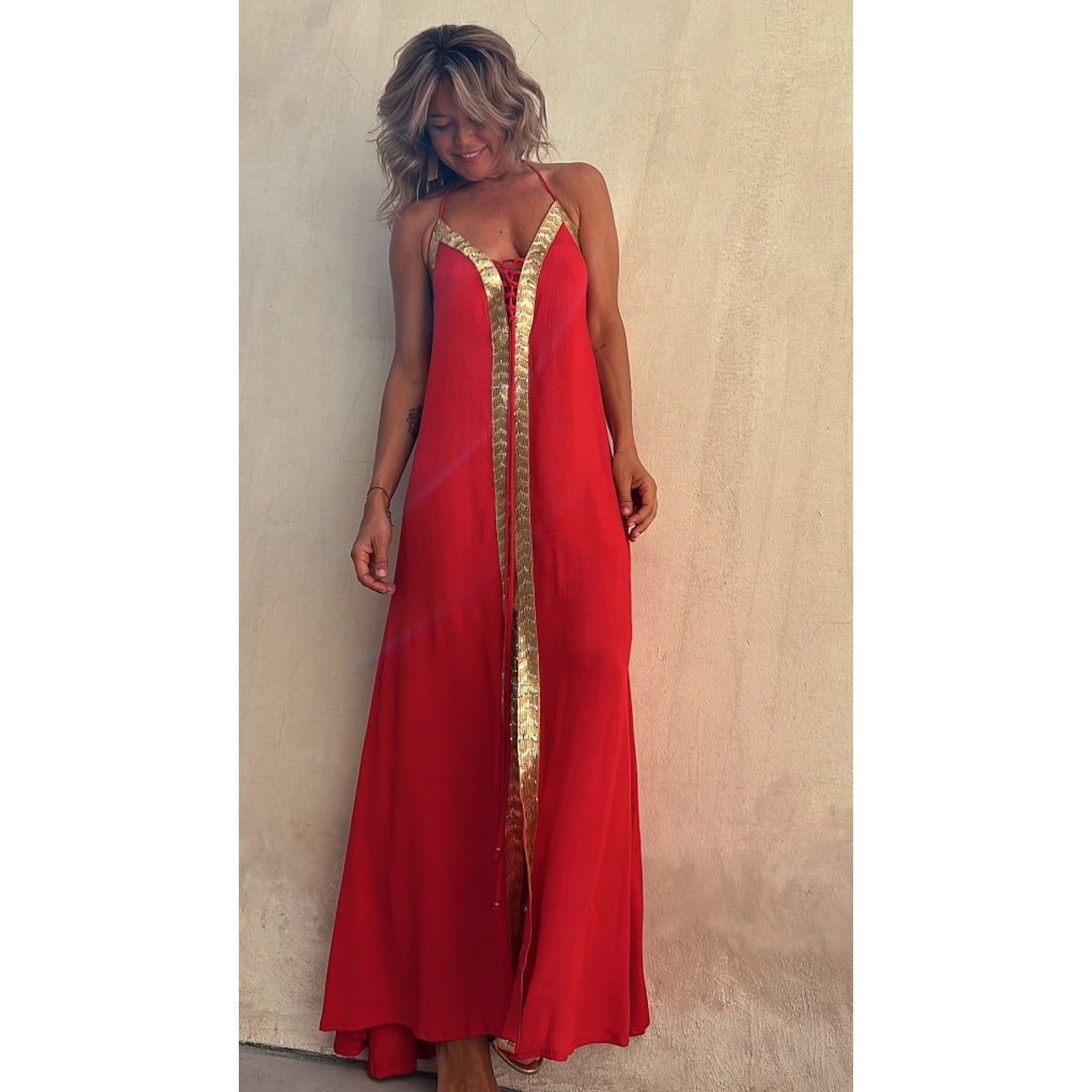 Spring Summer Lace up Halterneck Dress Casual Loose Vacation Large Swing Dress