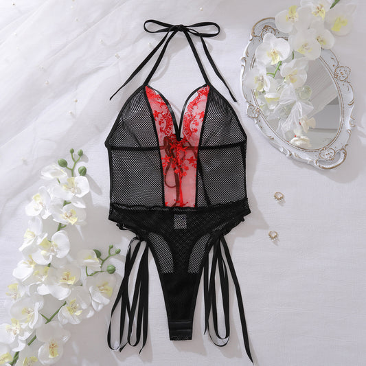 Contrasting Color of Black Red Embroidery Body Shaping Goddess Aura Halter Lace up Jumpsuit