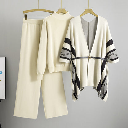 Spring Women Graceful Fashionable Knitted Shawl Cardigan Turtleneck Sweater Wide Leg Pants Three Piece Set - Wanita Store