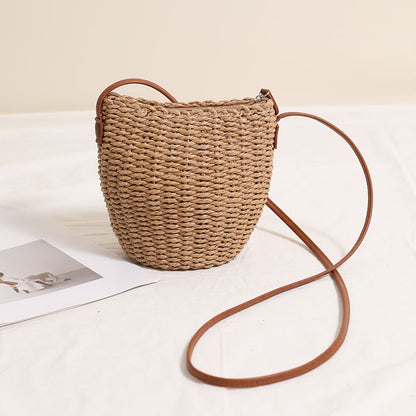 Cute Crossbody Bucket Straw Bag Simple Straw Bag Woven Bag Seaside Vacation Beach Bag All Matching Rattan Weave Bag - Wanita Store