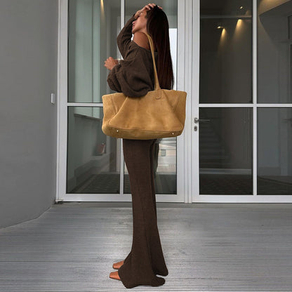 Women lothing Autumn Oblique Shoulder Long Sleeve Top High Waisted Boot Cut Pants Casual Set - Wanita Store