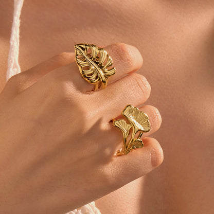 Niche High Sense Ring Ginkgo Leaf Leaves Simple Titanium Steel Ring Women 18K Gold Bracelet Accessories - Wanita Store