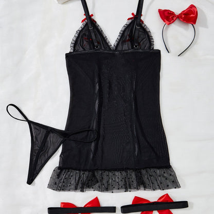 Sexy Lingerie for Women Sexy Lace up Hollow Out Cutout Temptation Sweet Bow Suspender Bed Uniform Headband