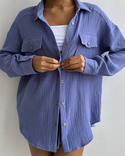 Women Clothing Spring Collared Loose Shirt High Waist Shorts Two Piece Set Casual Set - Wanita Store