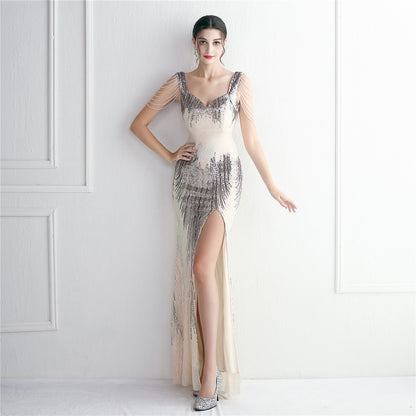 Craft Beaded Positioning Floral Sequin Party Dress Cocktail Slim Fit Evening Dress Elegant - Wanita Store